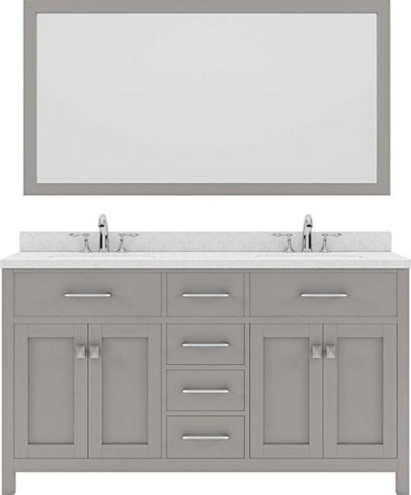 Virtu USA MD-2060-DWQSQ-CG 60 in. Caroline Double Bath Vanity with White Quartz Top & Square Sinks & Matching Mirror&#44; Cashmere Gray
