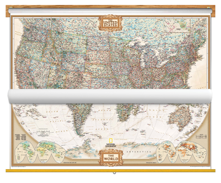 National Geographic Natgeo ng-antique-usa-world-bundle Antique Tones US & World Map - Classroom Pull Down - 2 Map Bundle