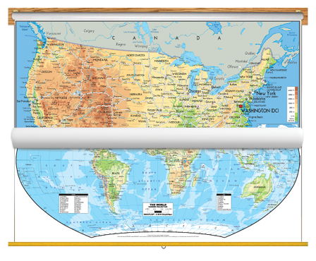 GeoAtlas ga-usa-world-bundle Physical USA & World Map - Classroom Pull Down - 2 Map Bundle