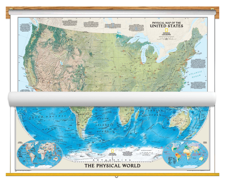 National Geographic Natgeo ng-physical-usa-world-bundle Physical US & World Map - Classroom Pull Down - 2 Map Bundle