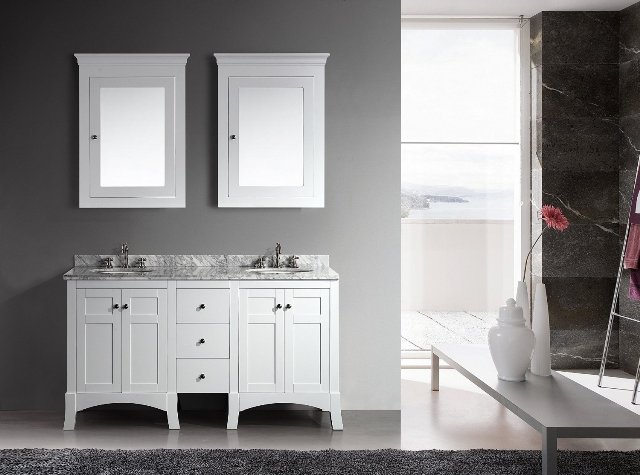 Eviva New York 60 Inch White Bathroom Vanity, with White Marble Carrera Countertop, & Sink