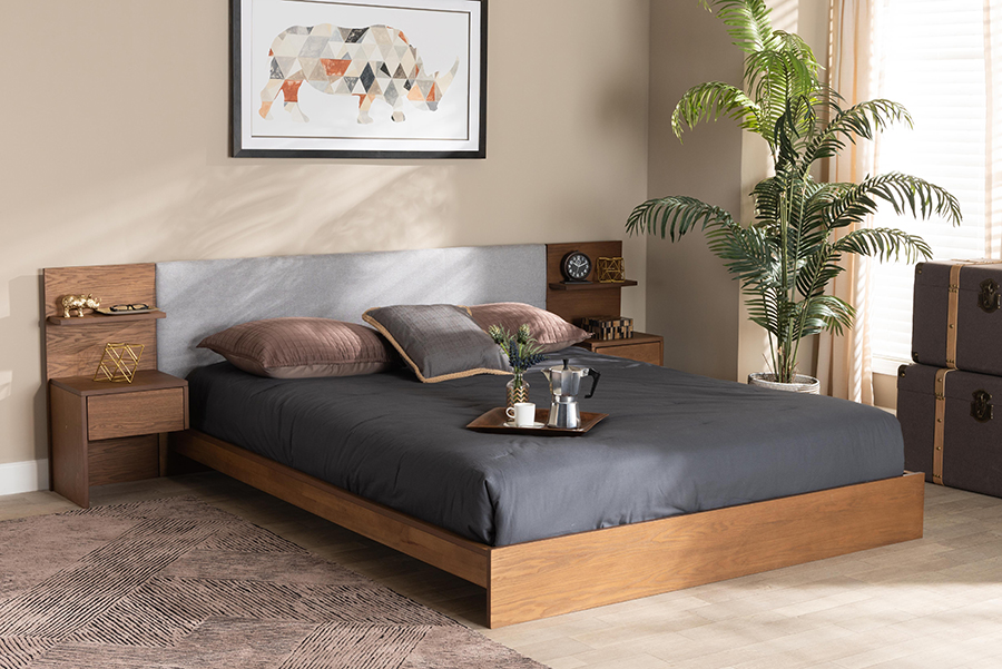 Wholesale Interiors Baxton Studio Sami Modern and Contemporary Light Grey Fabric Upholstered and Walnut Brown Finished Wood Queen Size Platform Storage Bed with 