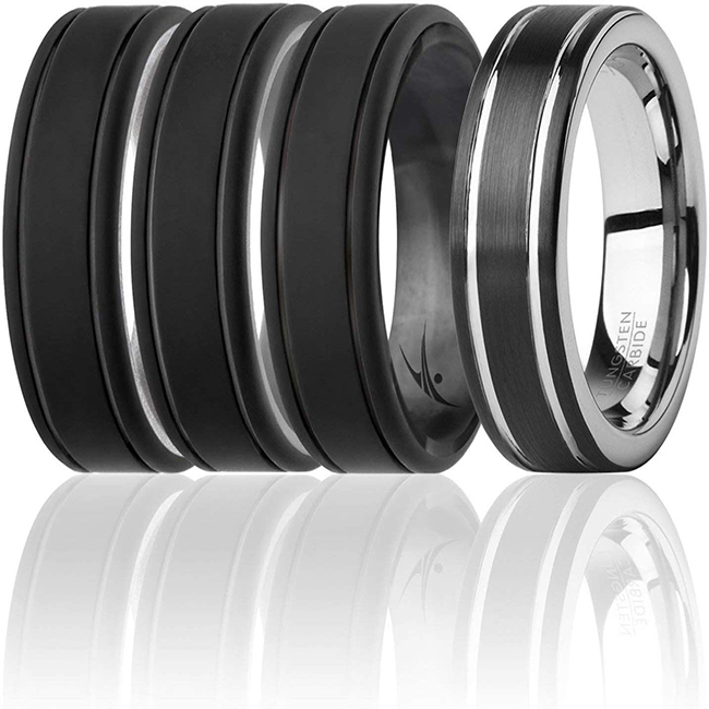 ROQ I0118015 Men Silicone Wedding Twin 2Layer Ring Set&#44; Black - 4 x 13 mm Ring
