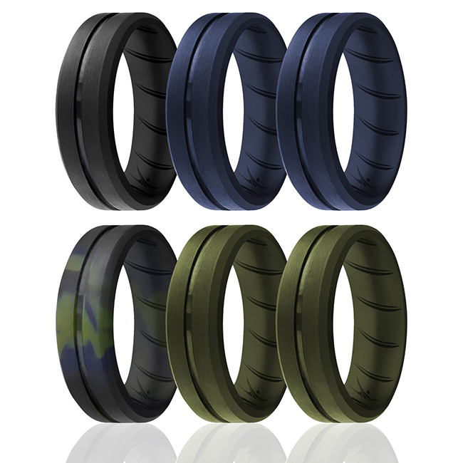 ROQ I0119589 Men Silicone Wedding BR Middle Line Ring Set&#44; Basic & Olive - 6 x 15 mm Ring
