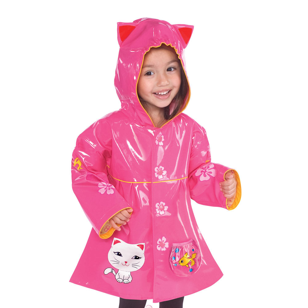 Kidorable PCOAT-CAT4 T 100 Percent PU with Comfy Polyester Linning Pink Lucky Cat PU Raincoat - Size 4T