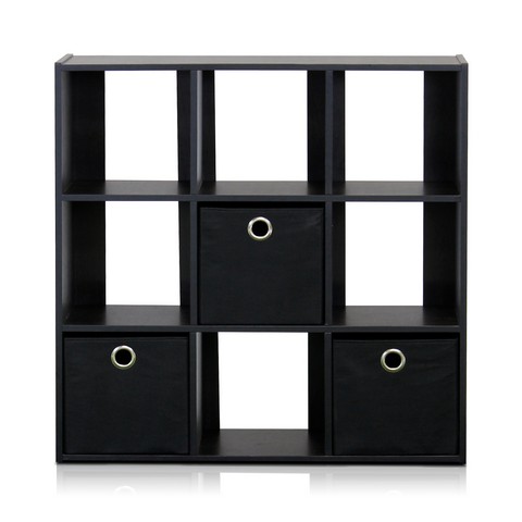 FURINNO Simplistic 9-Cube Organizer with Bins, Espresso & Black - 26.5 x 26.7 x 7.9 in.