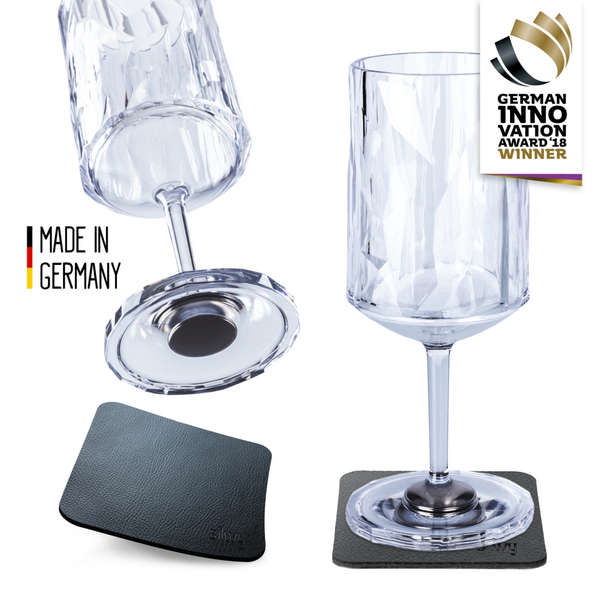 Silwy Drinkware SILKO-WI-C-2 Magnetic Plastic Wine Glasses with Metal Nano Gel Pads - Clear - Set of 2