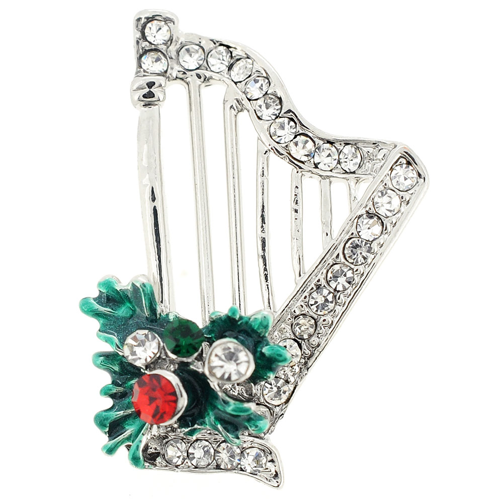 Fantasyard Christmas Mistletoe Harp Crystal Lapel Pin - Chrome - 0.875 x 1.25 in.
