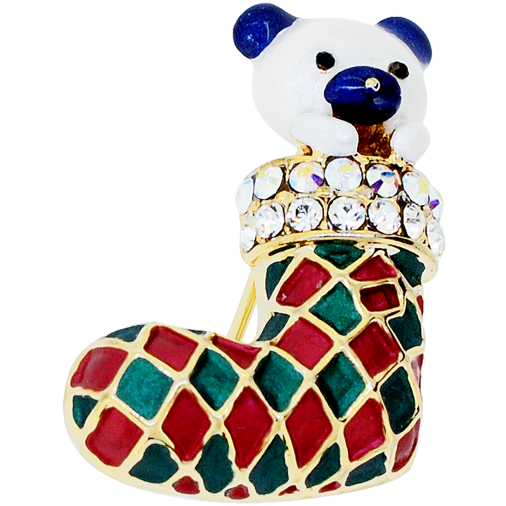 Fantasyard Christmas Stocking Bear Swarovski Crystal Pin Brooch - Multicolor - 0.875 x 1.25 in.