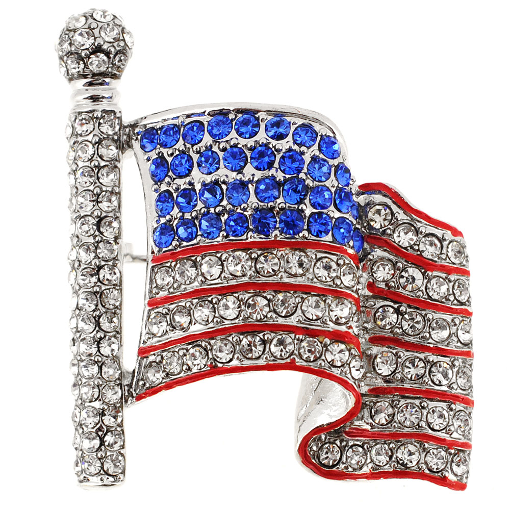 Fantasyard Classic Patriotic American Flag Crystal Pin Brooch - Silver - 1.5 x 1.25 in.