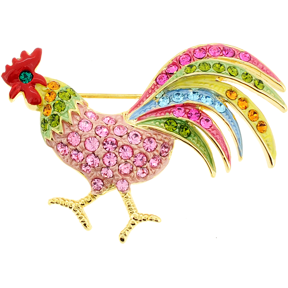 Fantasyard Rooster Crystal Pin Brooch - Multicolor - 1.75 x 1.25 in.