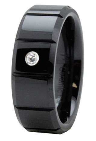EWC R40076-100 Beveled Black Ceramic Ring with CZ - Size 10