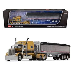 First Gear 60-1273 Peterbilt 379 with 70 Mid-Roof Sleeper & Wilson Pacesetter 50 Tri-Axle Grain Trailer Gold with Black Stripes 1 by 64 Sca