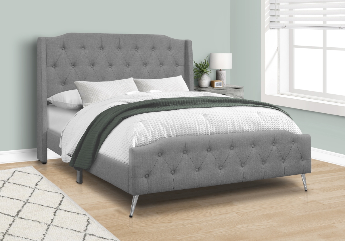 Monarch Specialties I 6045Q Metal Legs Grey & Chrome Transitional Queen Size Bed
