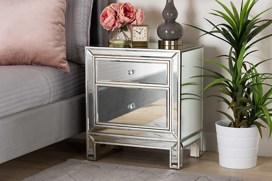 Made4Mattress RXF 2393 NS Baxton Studio Fadri Contemporary Glam Luxe Mirrored Nightstand 2 Drawer