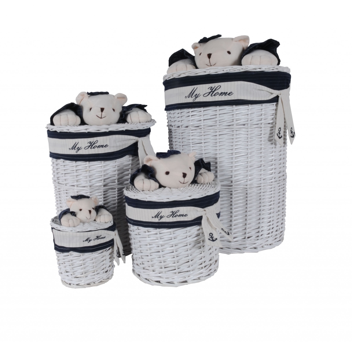 HomeRoots 364164 White & Blue Oval Willow Bear Design Basket&#44; Set of 4 - 17.5 x 17.5 x 28 in.