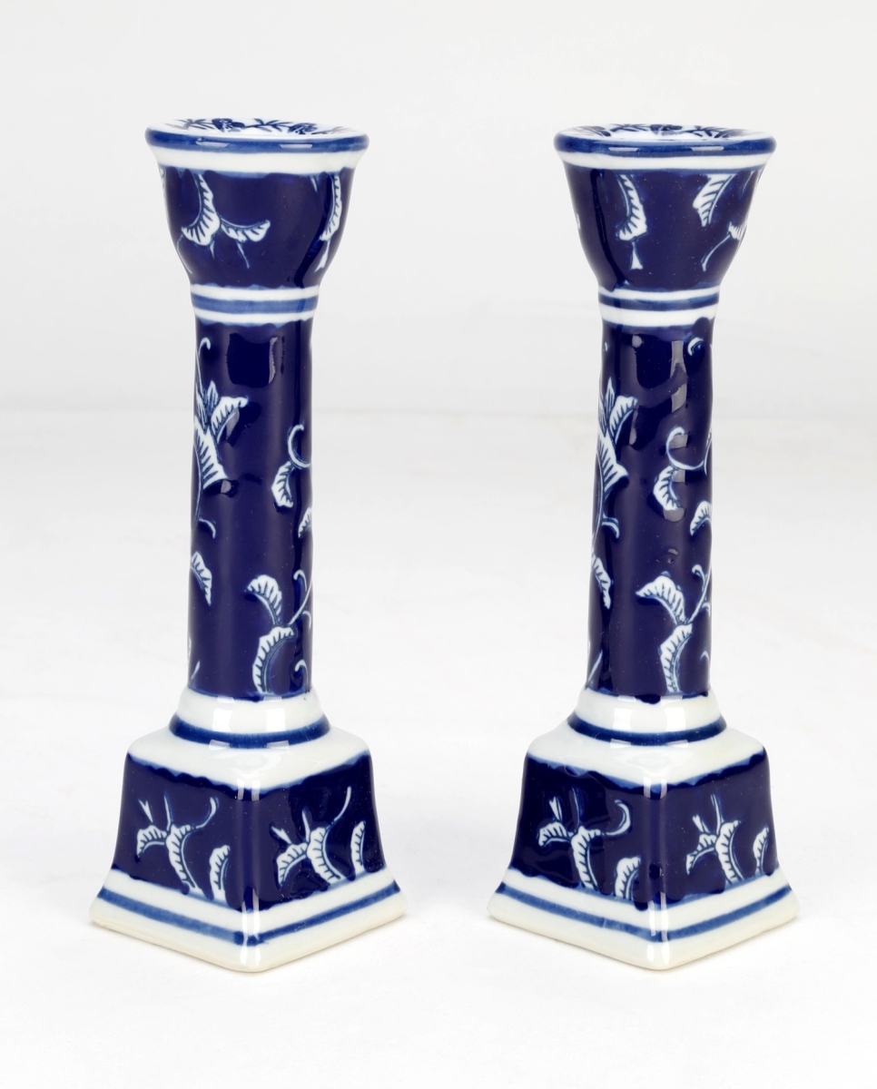 AA Importing 59991 Dark Blue Floral Candlestick&#44; Pack of 2