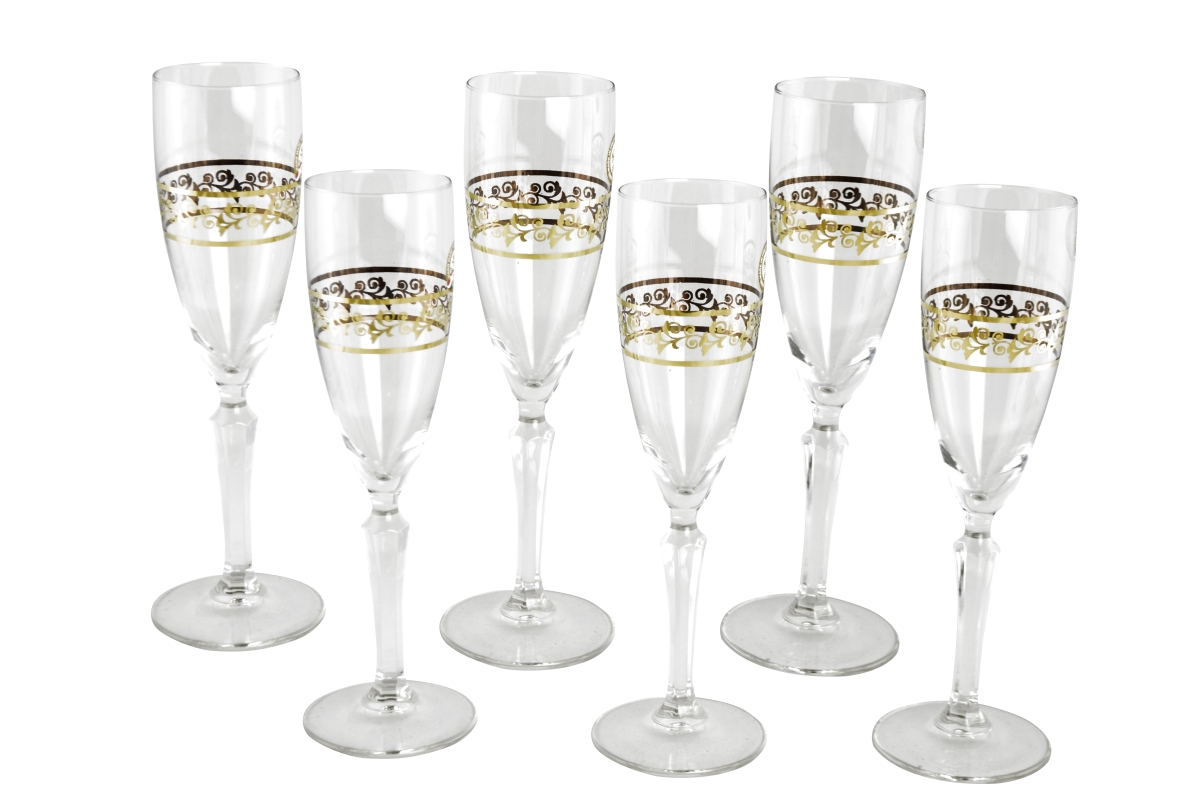 THREE STAR IMPORT & EXPORT GS1412 9 in. Flute Glass with Floral Design Set&#44; 6 Piece