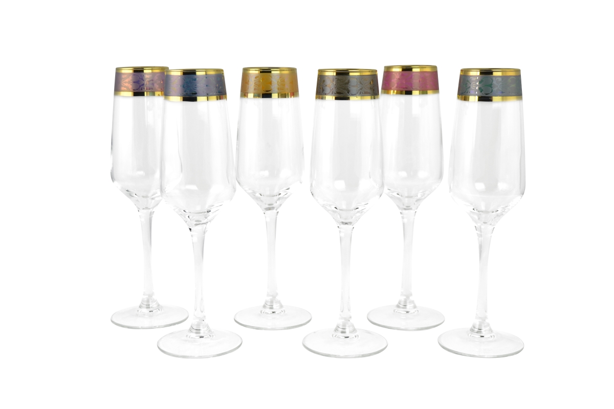 THREE STAR IMPORT & EXPORT GS7706 8.5 in. Flute Glass with Gold & 6 Colors Set&#44; 6 Piece