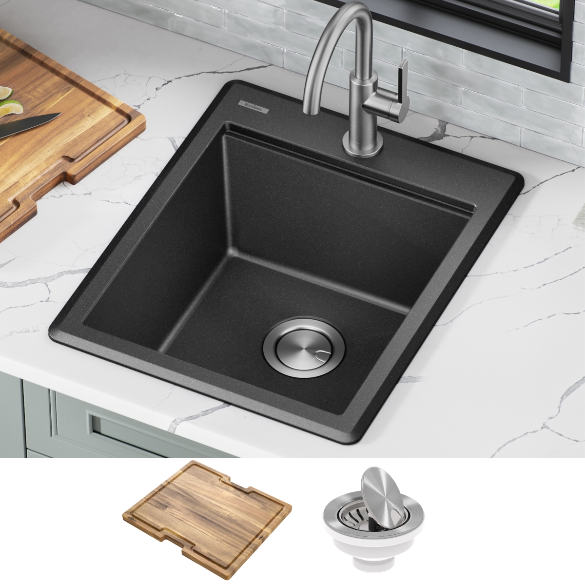 Daniel Kraus Kraus KGTW12-18MBL 18 in. Bellucci Granite Composite Workstation Drop-In Top Mount Single Bowl Kitchen Bar Sink with Accessories