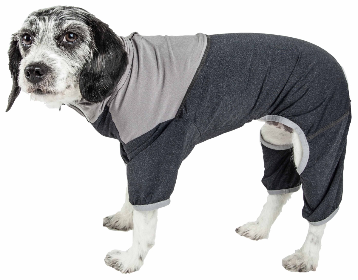 Natural Life Pet Products Pet Life YGHL4BKXL Active Embarker Heathered Performance 4-Way Stretch Two-Toned Full Bodied Warm Up Track Suit - Black & Grey&#