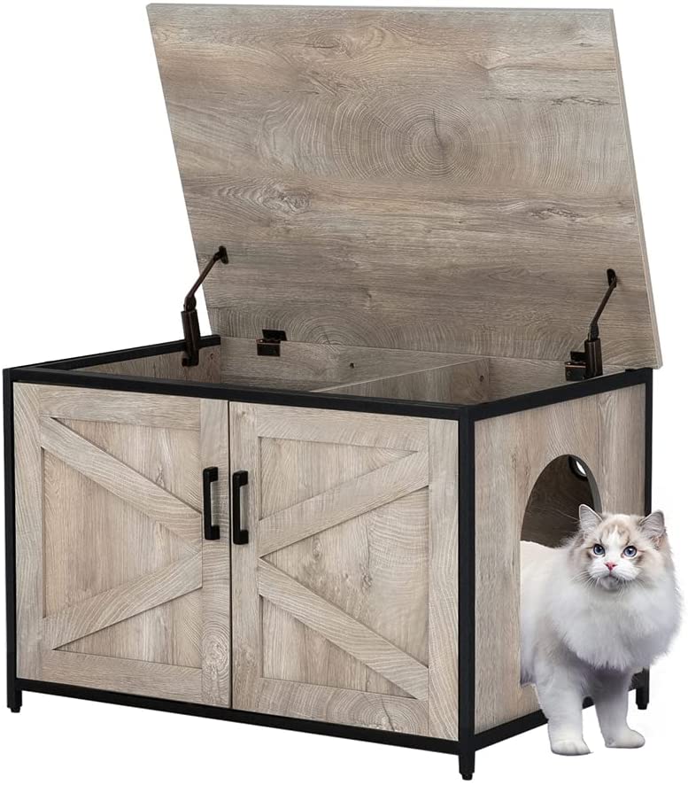 UniPaws UH5153 Cat Litter Box Enclosure with Frame Open Top&#44; Weathered Grey
