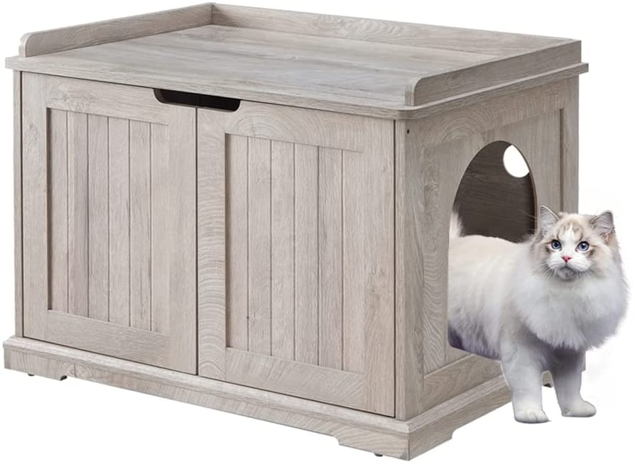 UniPaws UH5173 Large Cat Litter Box Enclosure&#44; Weathered Grey
