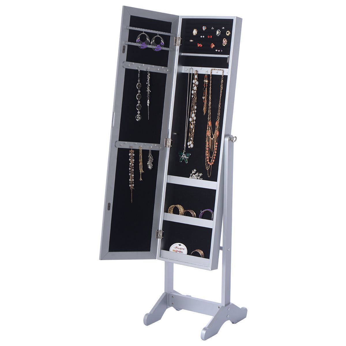 OnlineGymShop.com Online Gym Shop CB17006 13.4 x 15.4 x 57 in. Armoire Mirrored Jewelry Cabinet Organizer Storage Box with Stand&#44; White