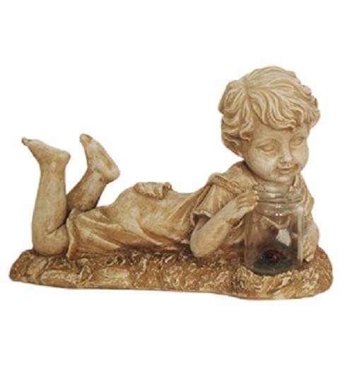 Northlight 14 in. Distressed Almond Brown Lounging Boy Solar Powered LED Lighted Outdoor Patio Garden Statue