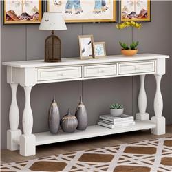 DIRECT WICKER UBS-WF193795AAK 64 in. Long Sofa Console Table with Drawers & Shelf&#44; Antique White