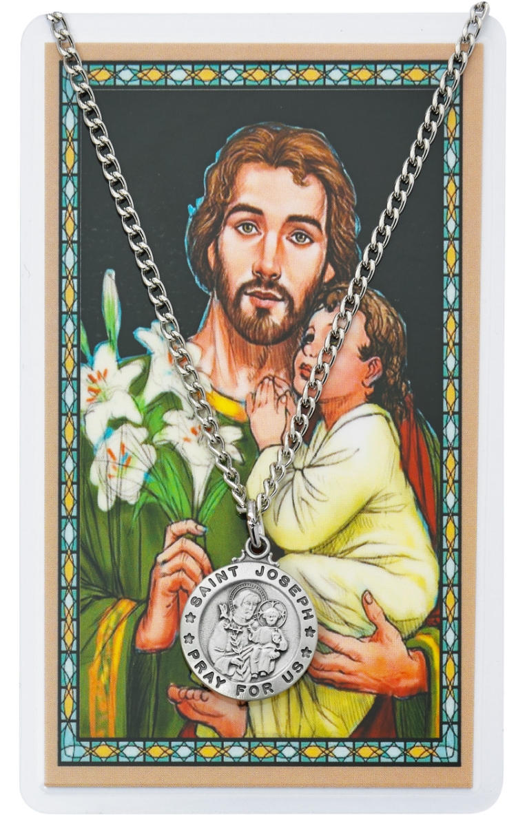 McVan PSD600JS St Joseph Prayer Pewter Medal with 24 in. Silver-Tone Chain & Laminated Holy Card Set