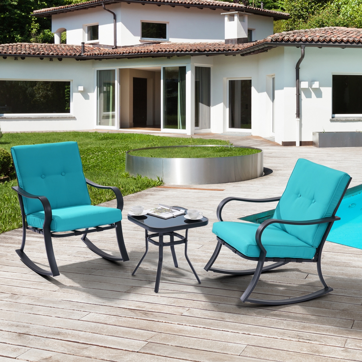 SANLUCE UN-KF-A17L 3-Piece Metal Frame Outdoor Bistro Set 2 Rocking Chairs with Lake Blue Cushions and Tempered Glass Side Table