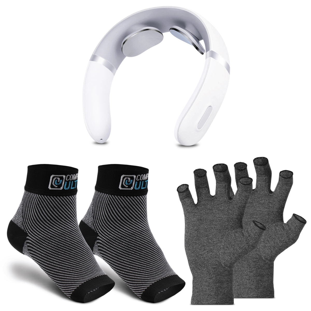 RelaxUltima RU-CU-S-SET RelaxUltima Portable TENS Neck Massager & CompressUltima Compression Socks & Gloves Bundle - Small