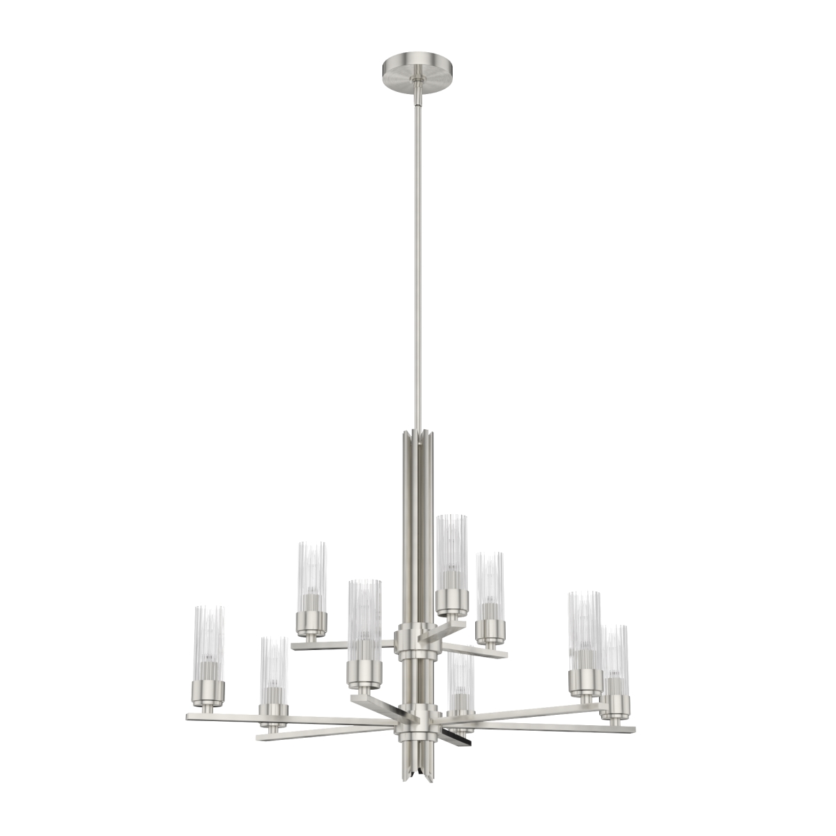Hunter 19788 26.75 x 30 x 30 in. Gatz Brushed Nickel with Ribbed Glass 9 Light Chandelier Ceiling Light Fixture