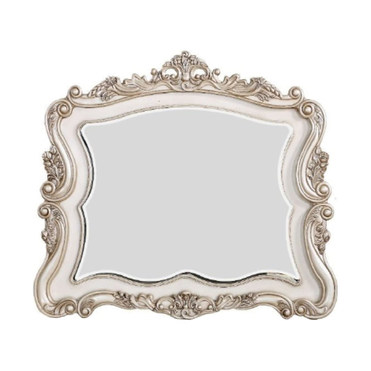 Benjara BM275074 50 in. Solid Wood Mirror - Scalloped&#44; Scroll Ornate Trim&#44; Antique White