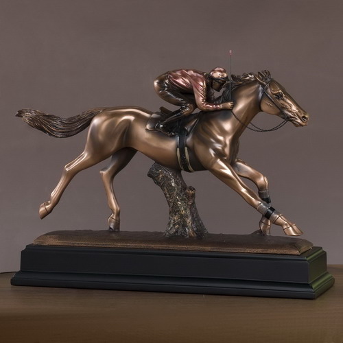Marian Imports F54037 Jockey On Horse Bronze Plated Resin Sculpture - 16 x 5 x 12 in.