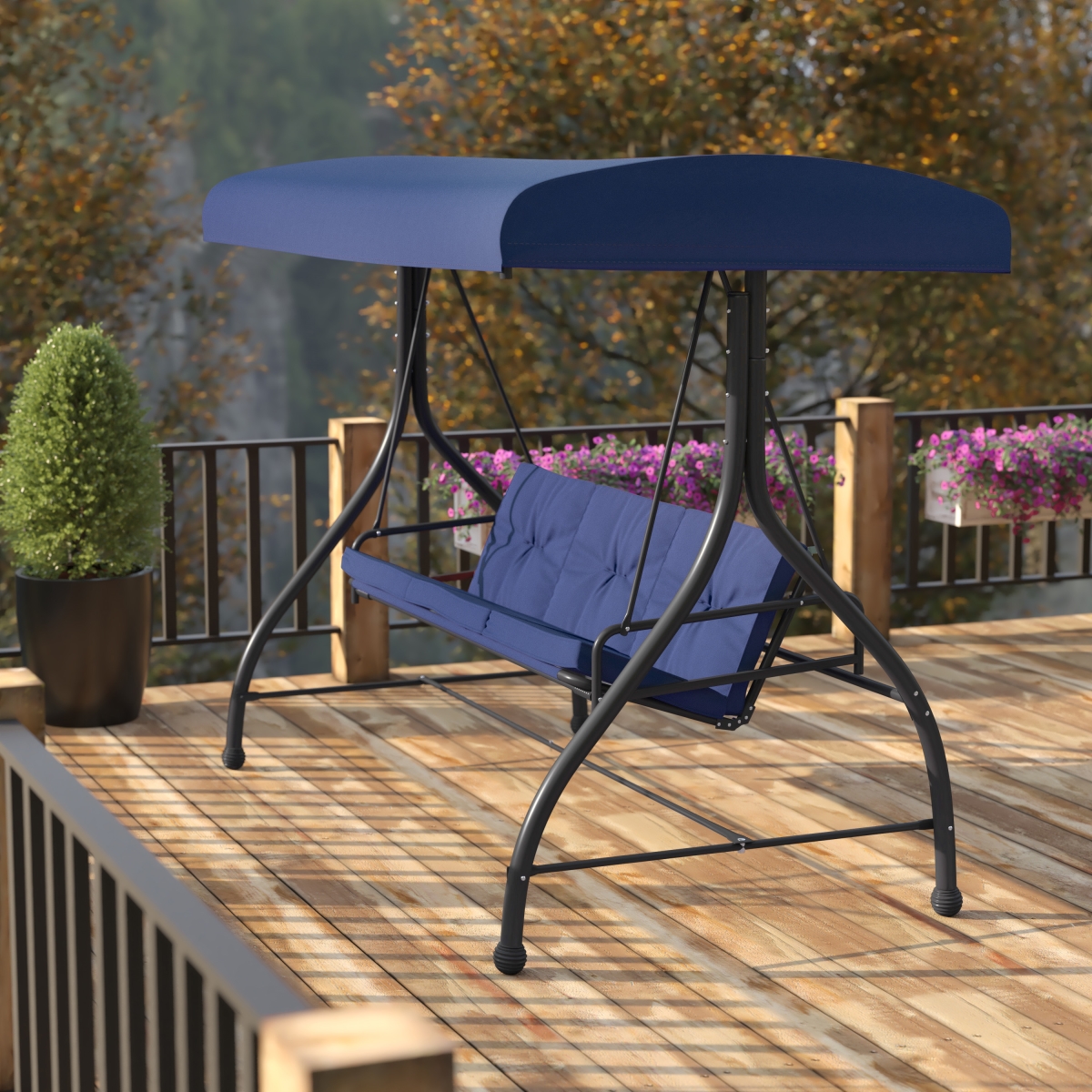 Flash Furniture TLH-007-NV-GG Tellis 3-Seat Outdoor Steel Converting Patio Swing Canopy Hammock with Cushions & Outdoor Swing Bed&#44; Navy
