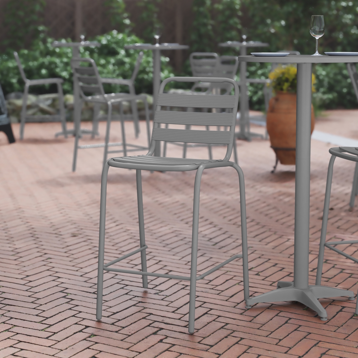 Flash Furniture TLH-015H-GG Lila Commercial Silver Metal Indoor-Outdoor Restaurant Bar Height Stool with Metal Triple Slat Back