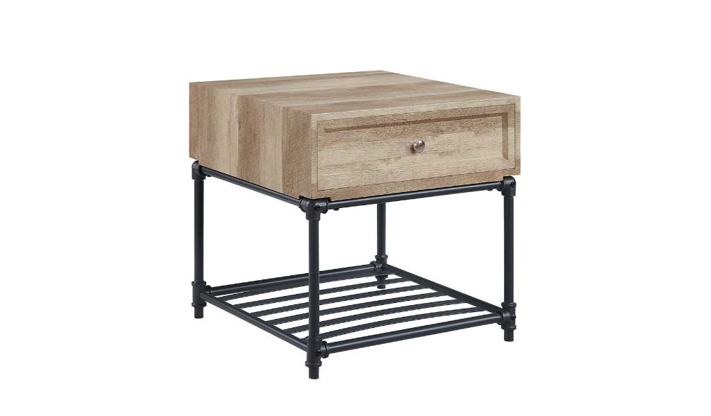 HomeRoots 485882 22 in. Manufactured Wood & Metal Square End Table with Drawer & Shelf&#44; Sandy Black & Oak