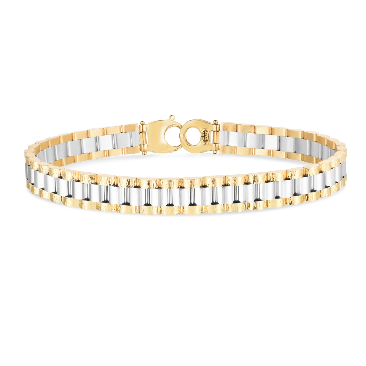 Royal Chain TRC14393-0725 7.25 in. 14K Two Tone Gold Textured Rail Road Link Bracelet with Fancy Pear Shaped Lobster Clasp