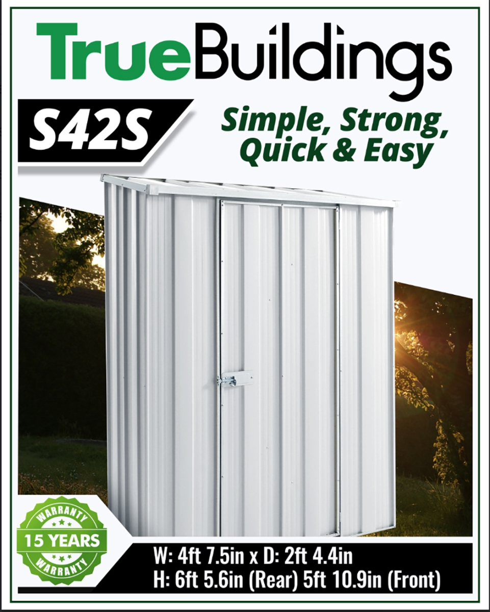 True Buildings S42-ST-ZN Small Silver Metal Storage Shed for Garden and Backyard Width: 4&' 7&'&#44; Depth: 2&' 5.44&'&#44; Hei