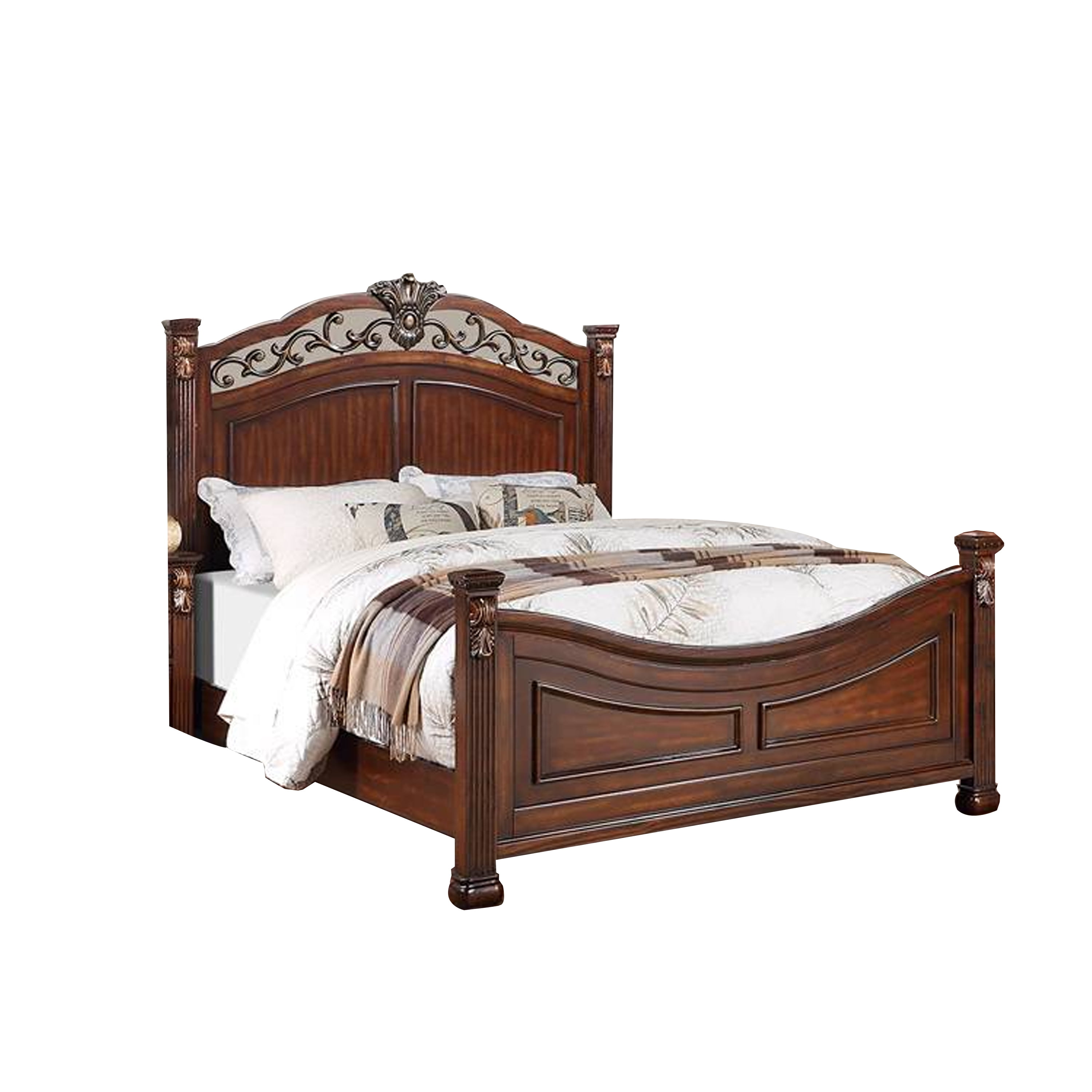 Benjara BM301368 Aza Traditional Wood Leaf Carvings Bed&#44; Rich Cherry Brown - Queen Size