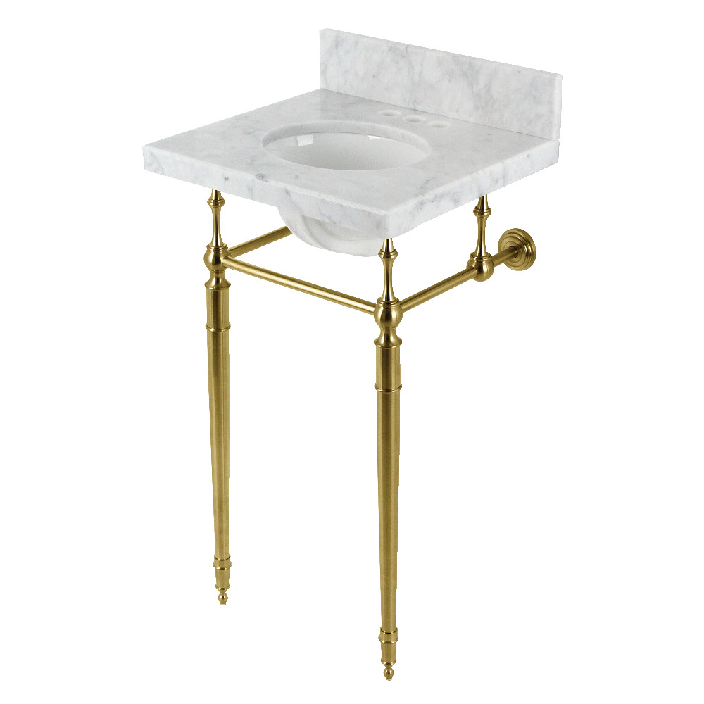 Kingston Brass KVPB1917M347ST 19 in. Edwardian Carrara Marble Console Sink with Brass Legs 4 in. Faucet Drillings&#44; Marble White & Brushed B