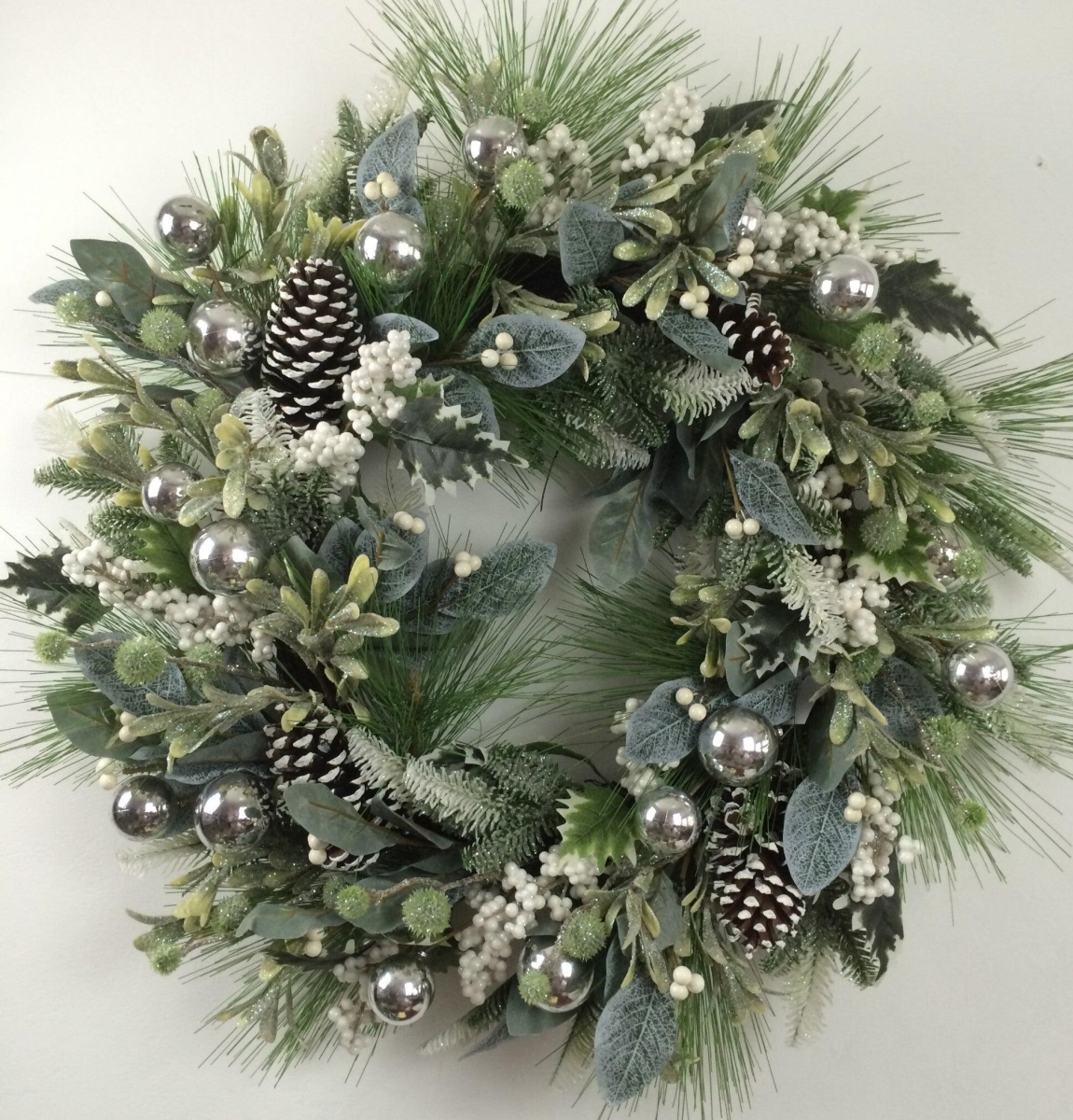 MDR Trading AI-FL7066-Q12 30 in. Frosted Green with Pinecones&#44; White Berries & Silver Ornaments Wreath - Set of 12