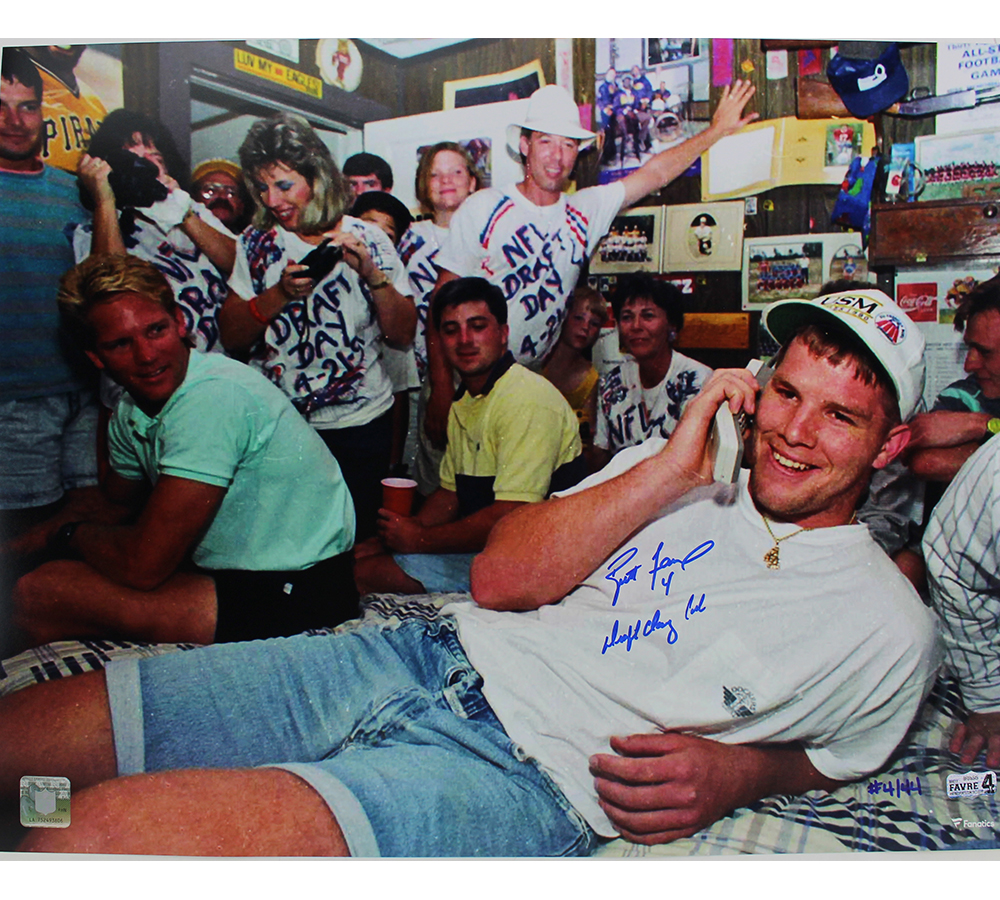 Radtke Sports 19266 16 x 20 in. Brett Favre Signed Green Bay Packers Unframed NFL Photo - Talking on Phone with Draft Day Call Inscription LE