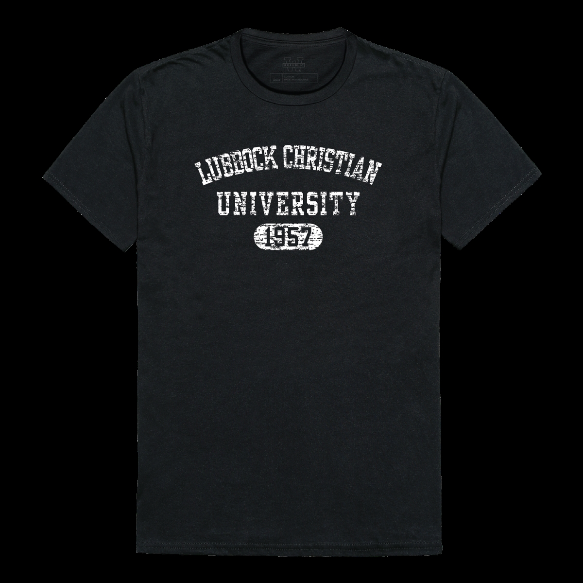 W Republic 574-465-BLK-02 Lubbock Christian University Chaparral Distressed Arch College T-Shirt&#44; Black - Medium