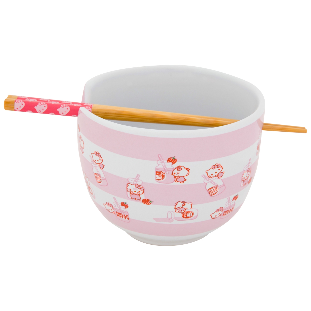 Hello Kitty 869704 Hello Kitty Strawberry Milk Ramen Bowl with Chopsticks&#44; White & Pink