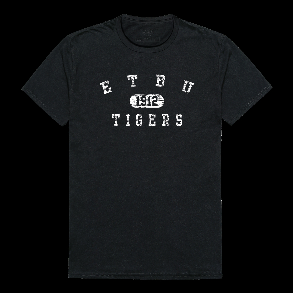 W Republic 574-639-BLK-05 East Texas Baptist University Tigers Distressed Arch College T-Shirt&#44; Black - 2XL