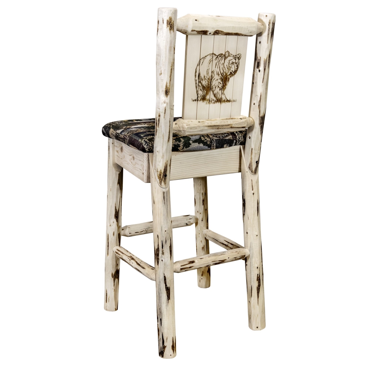 OpenOptics Montana Barstool with Back - Woodland Upholstery with Laser Engraved Bear Design&#44; Clear Lacquer