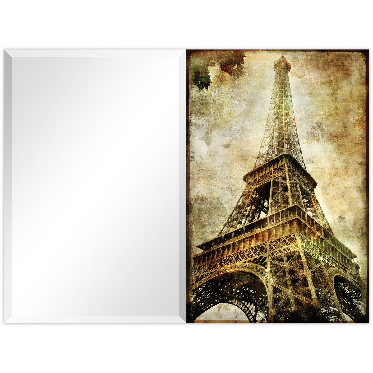Solid Storage Supplies Eiffel Tower Rectangular Beveled Mirror on Free Floating Printed Tempered Art Glass